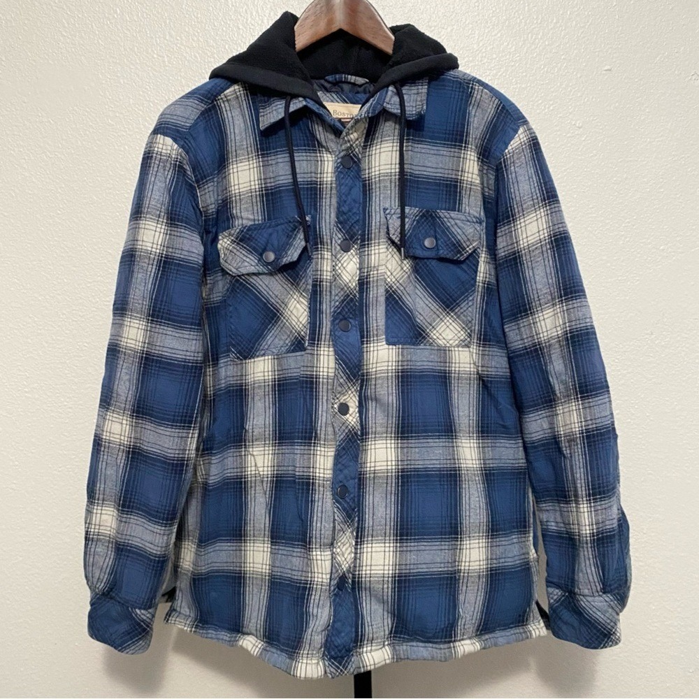 Men's Quilted Plaid Full Zip Hooded Shacket M Outdoor Rugged Streetwear